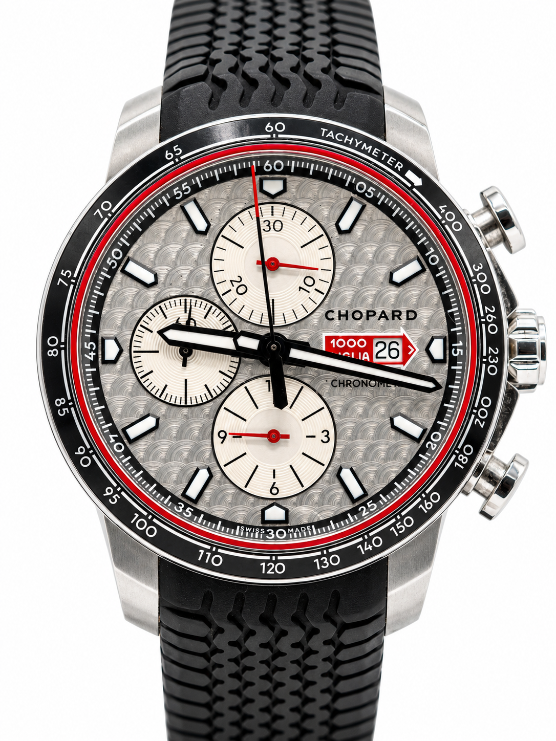 Chopard Mille Miglia Chronographe d’occasion – Cadran argenté et bracelet noir