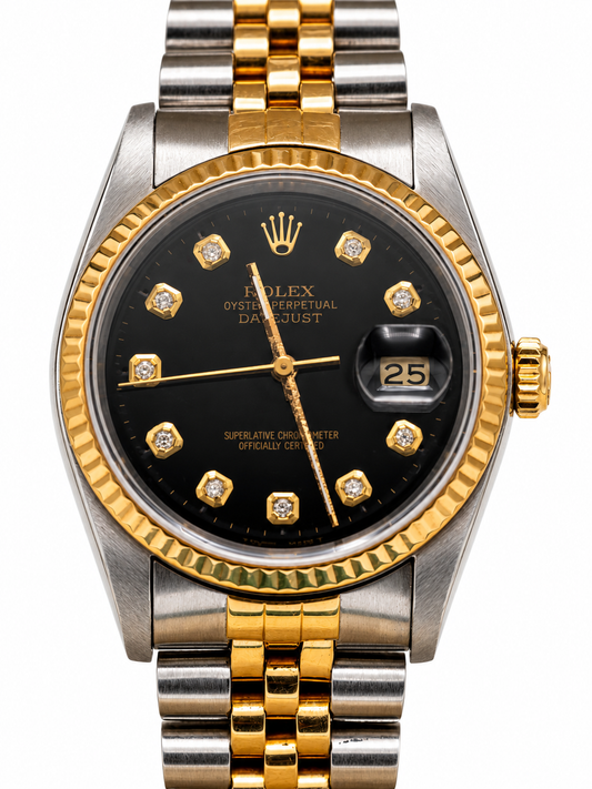 Rolex Datejust d’occasion – Cadran noir serti et bracelet bicolore