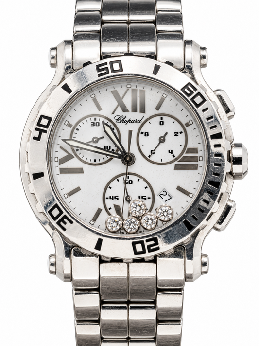 Chopard Happy Sport Chronographe d’occasion – Cadran blanc et pierres mobiles