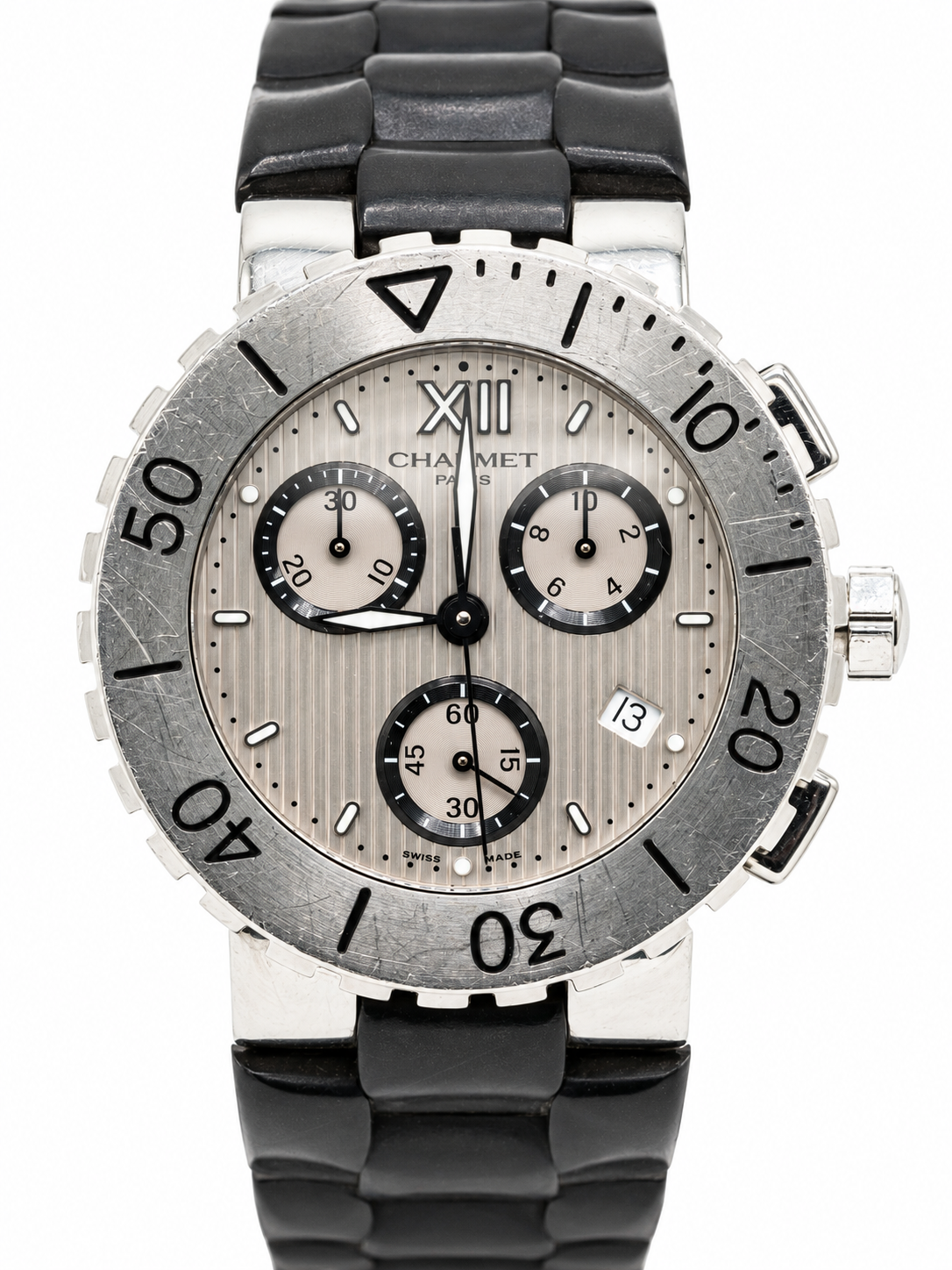 Chaumet Class One Chronographe d’occasion – Cadran argenté et bracelet noir