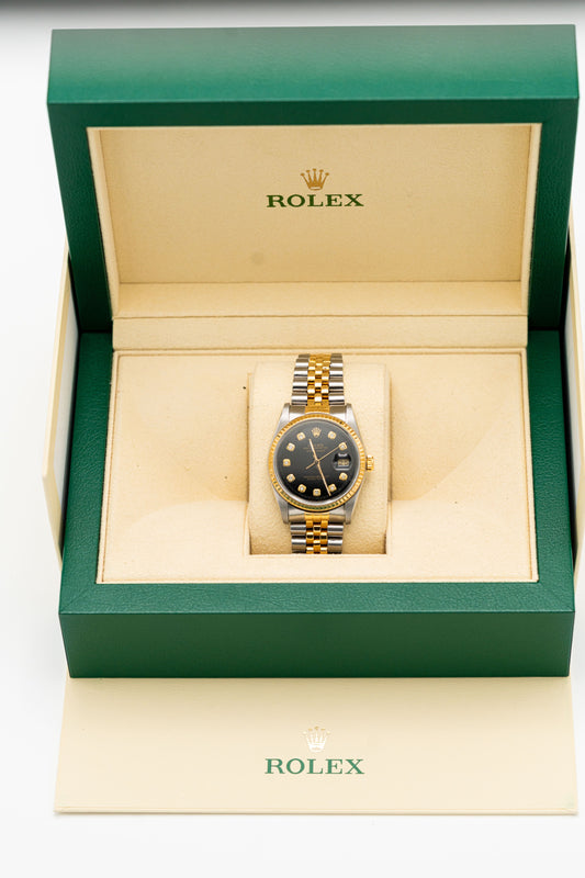 Rolex Datejust d’occasion – Cadran noir serti et bracelet bicolore