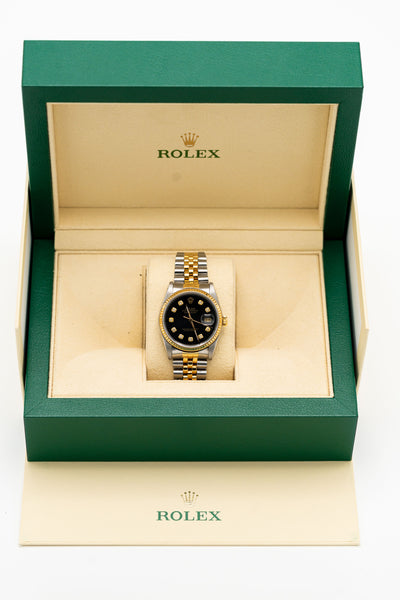 Rolex Datejust d’occasion – Cadran noir serti et bracelet bicolore