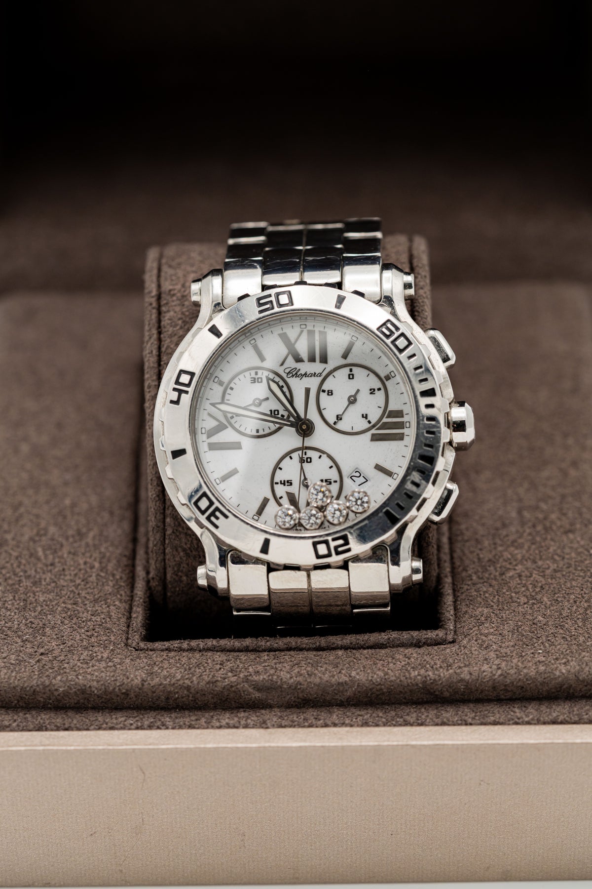 Chopard Happy Sport Chronographe d’occasion – Cadran blanc et pierres mobiles