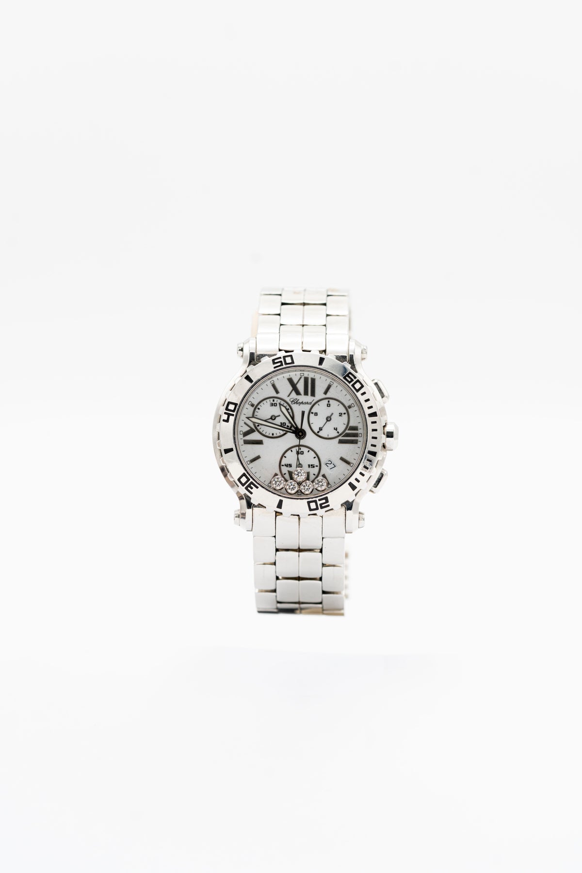 Chopard Happy Sport Chronographe d’occasion – Cadran blanc et pierres mobiles