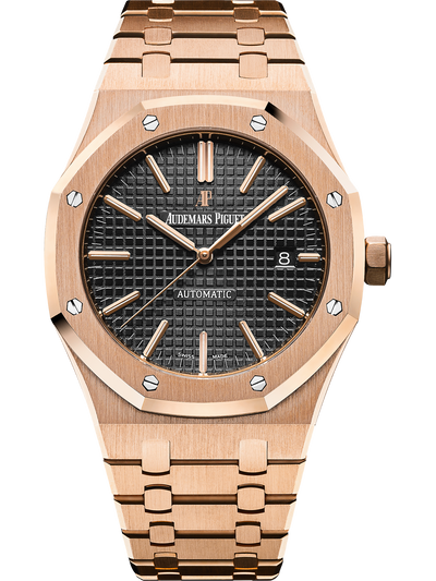 Découvrez la Royal Oak automatique Audemars Piguet en or rose, cadran noir et bracelet intégré. Contactez Diamelle en Tunisie pour plus de détails.