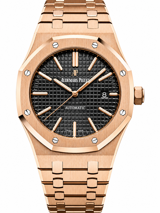 Audemars Piguet Royal Oak Automatique en or rose avec cadran noir et bracelet intégré, vue de face sur fond blanc